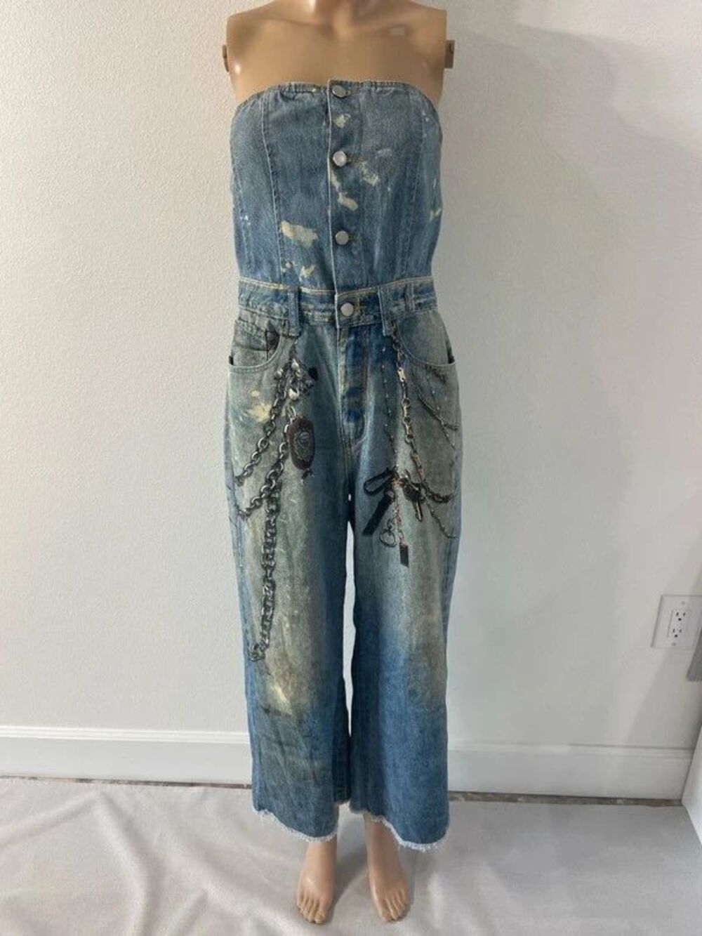 Denim graffitti grunge streetwear strapless wide leg jumpsuit sz unknown